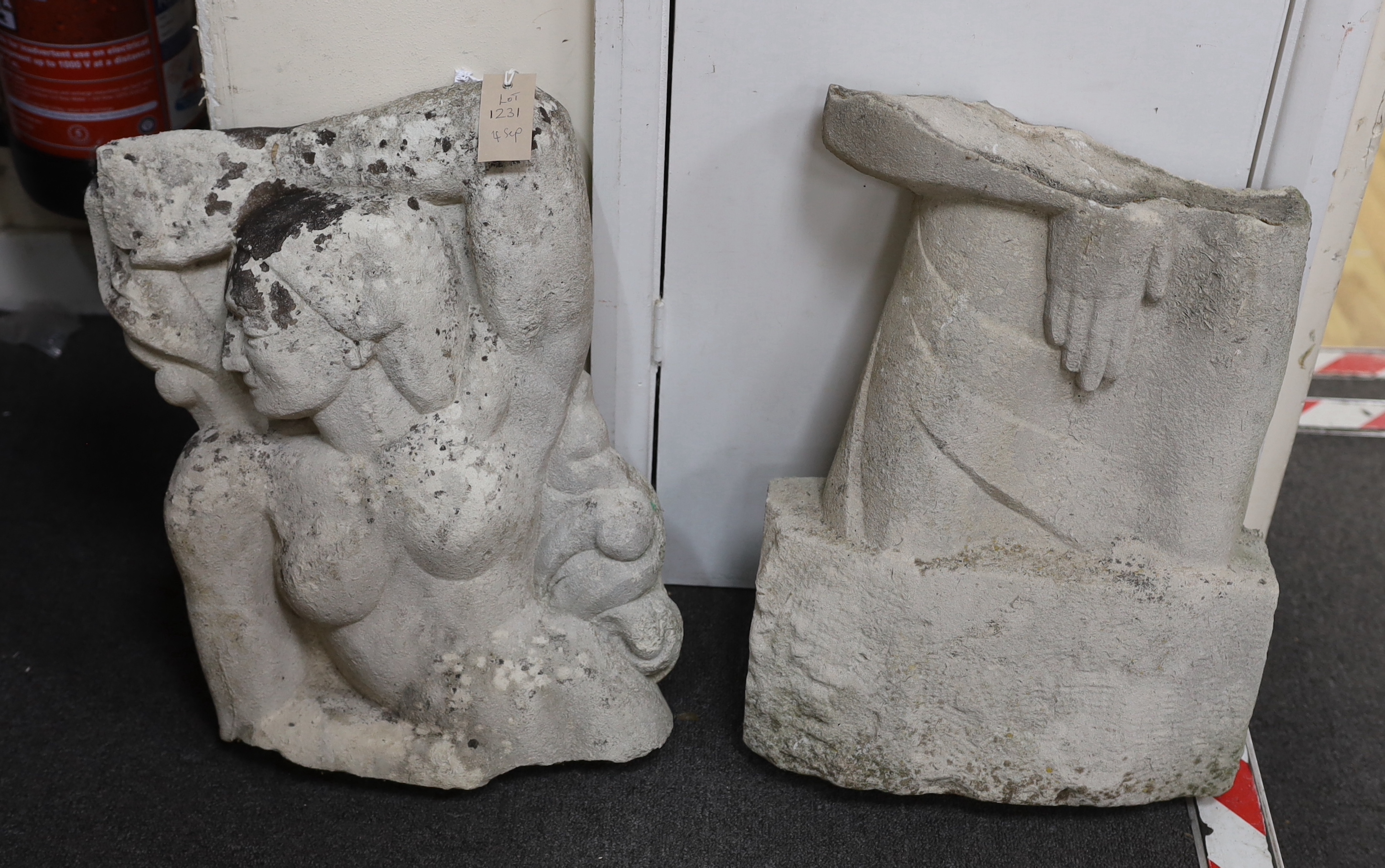An Art Deco style reconstituted stone garden figural ornament (in two pieces) height 102cm